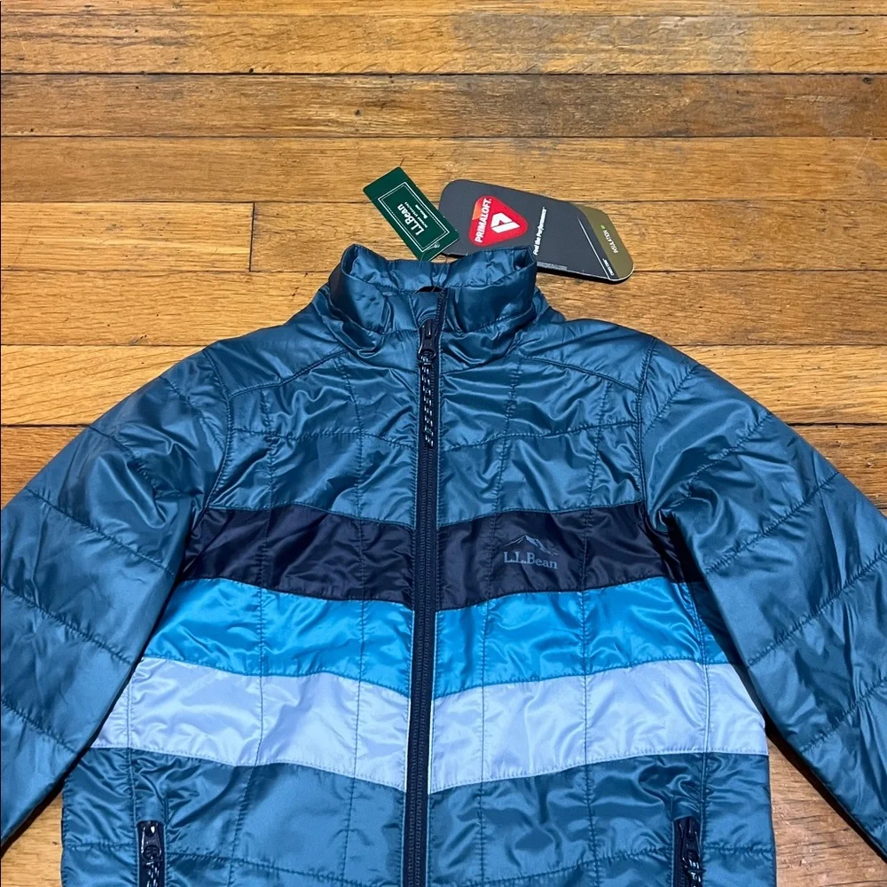 LL Bean PrimaLoft Packaway Jacket in Sail Blue Stripe, Kid’s size Medium